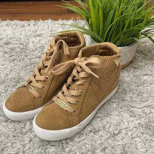 Tan Guess wedge sneakers